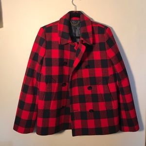 Red and Navy Buffalo Check J Crew Pea Coat